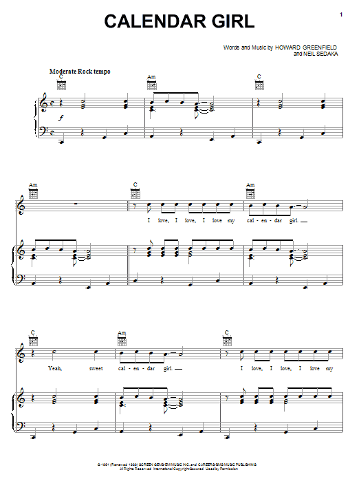 Download Neil Sedaka Calendar Girl Sheet Music and learn how to play Lyrics & Chords PDF digital score in minutes