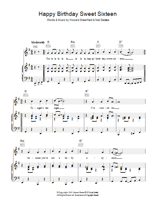 Download Neil Sedaka Happy Birthday Sweet Sixteen Sheet Music and learn how to play Lyrics & Chords PDF digital score in minutes