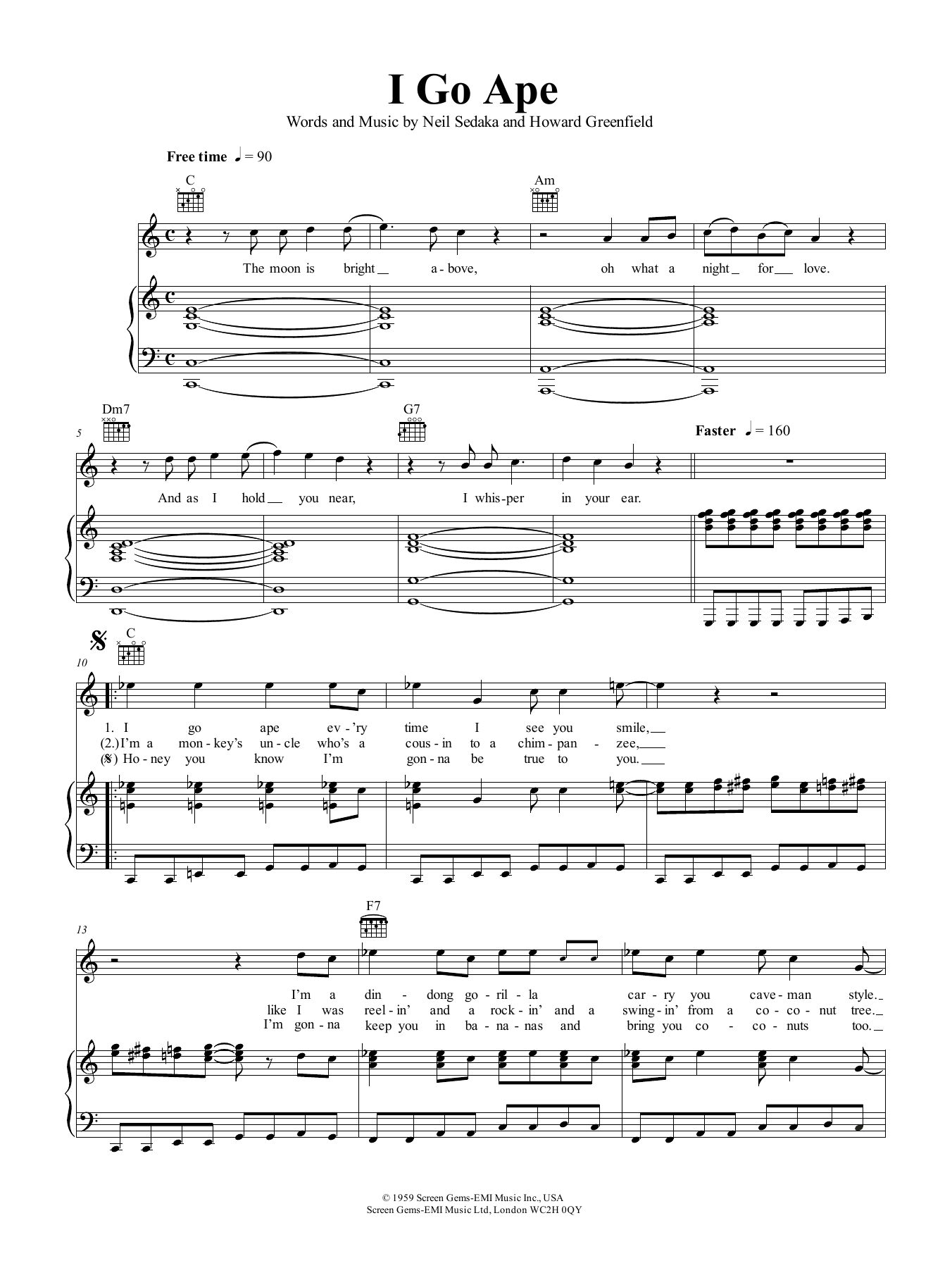 Download Neil Sedaka I Go Ape Sheet Music and learn how to play Piano, Vocal & Guitar (Right-Hand Melody) PDF digital score in minutes