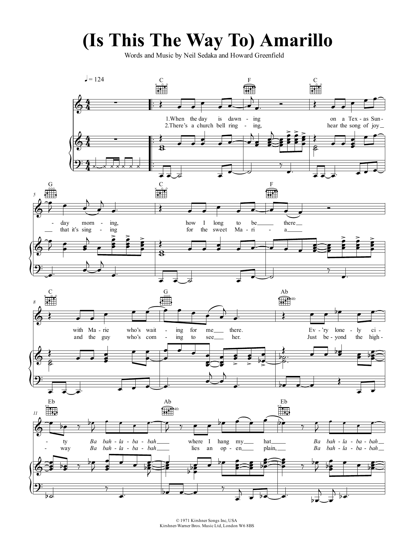 Download Neil Sedaka (Is This The Way To) Amarillo Sheet Music and learn how to play Piano, Vocal & Guitar (Right-Hand Melody) PDF digital score in minutes