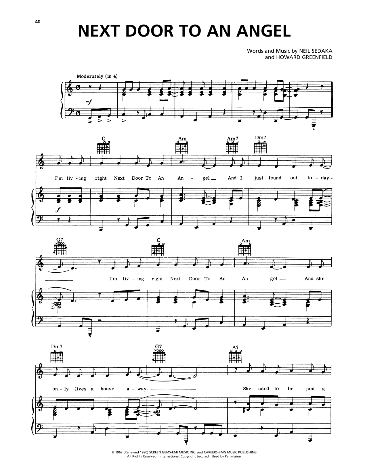 Download Neil Sedaka Next Door To An Angel Sheet Music and learn how to play Piano, Vocal & Guitar Chords (Right-Hand Melody) PDF digital score in minutes
