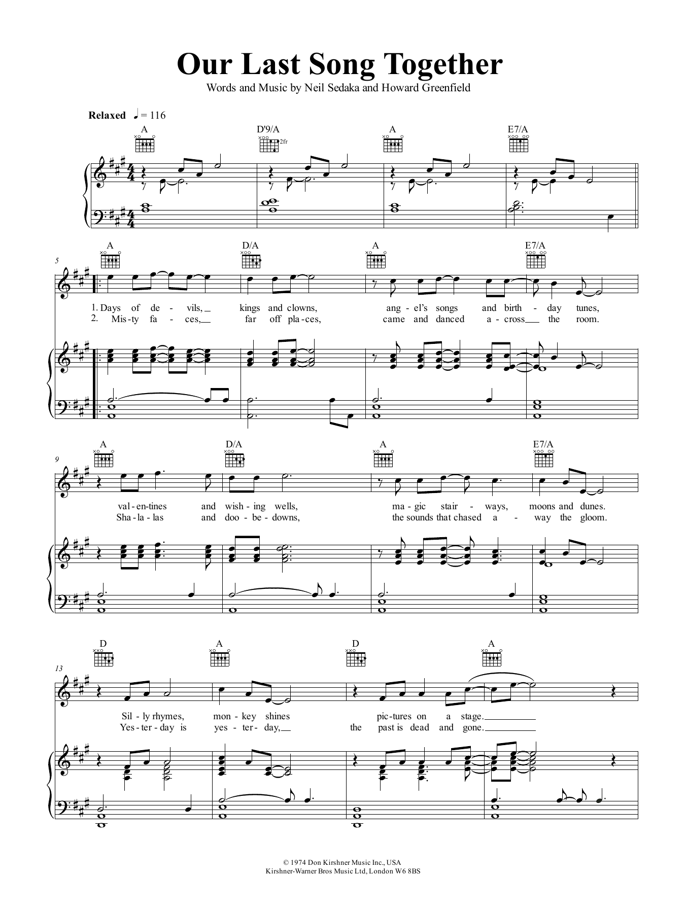 Download Neil Sedaka Our Last Song Together Sheet Music and learn how to play Piano, Vocal & Guitar (Right-Hand Melody) PDF digital score in minutes