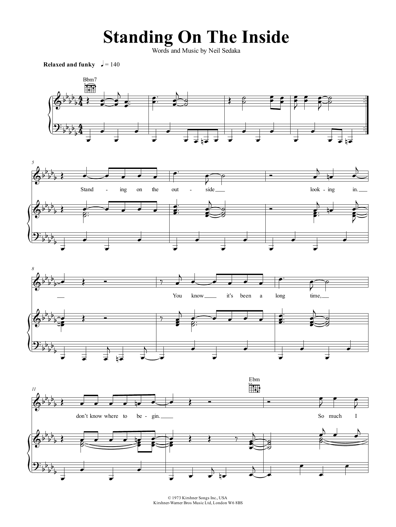 Download Neil Sedaka Standing On The Inside Sheet Music and learn how to play Piano, Vocal & Guitar (Right-Hand Melody) PDF digital score in minutes