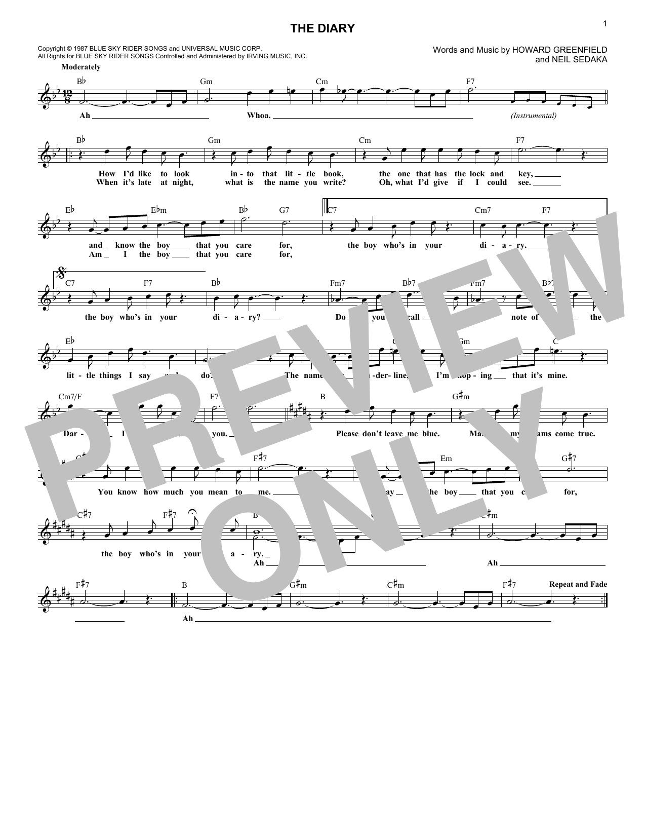Download Neil Sedaka The Diary Sheet Music and learn how to play Melody Line, Lyrics & Chords PDF digital score in minutes