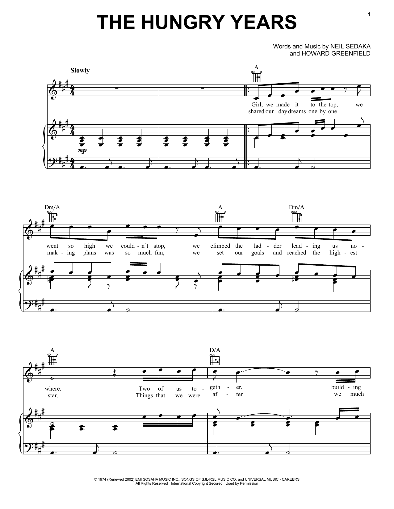 Download Neil Sedaka The Hungry Years Sheet Music and learn how to play Piano, Vocal & Guitar Chords (Right-Hand Melody) PDF digital score in minutes