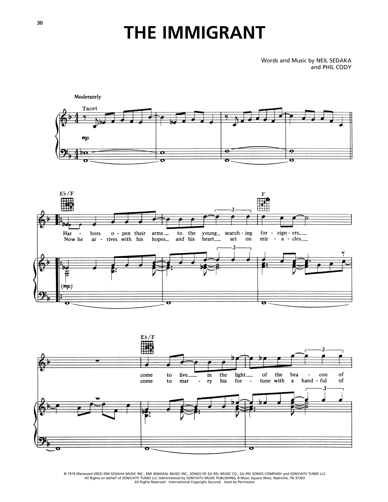 Download Neil Sedaka The Immigrant Sheet Music and learn how to play Piano, Vocal & Guitar Chords (Right-Hand Melody) PDF digital score in minutes