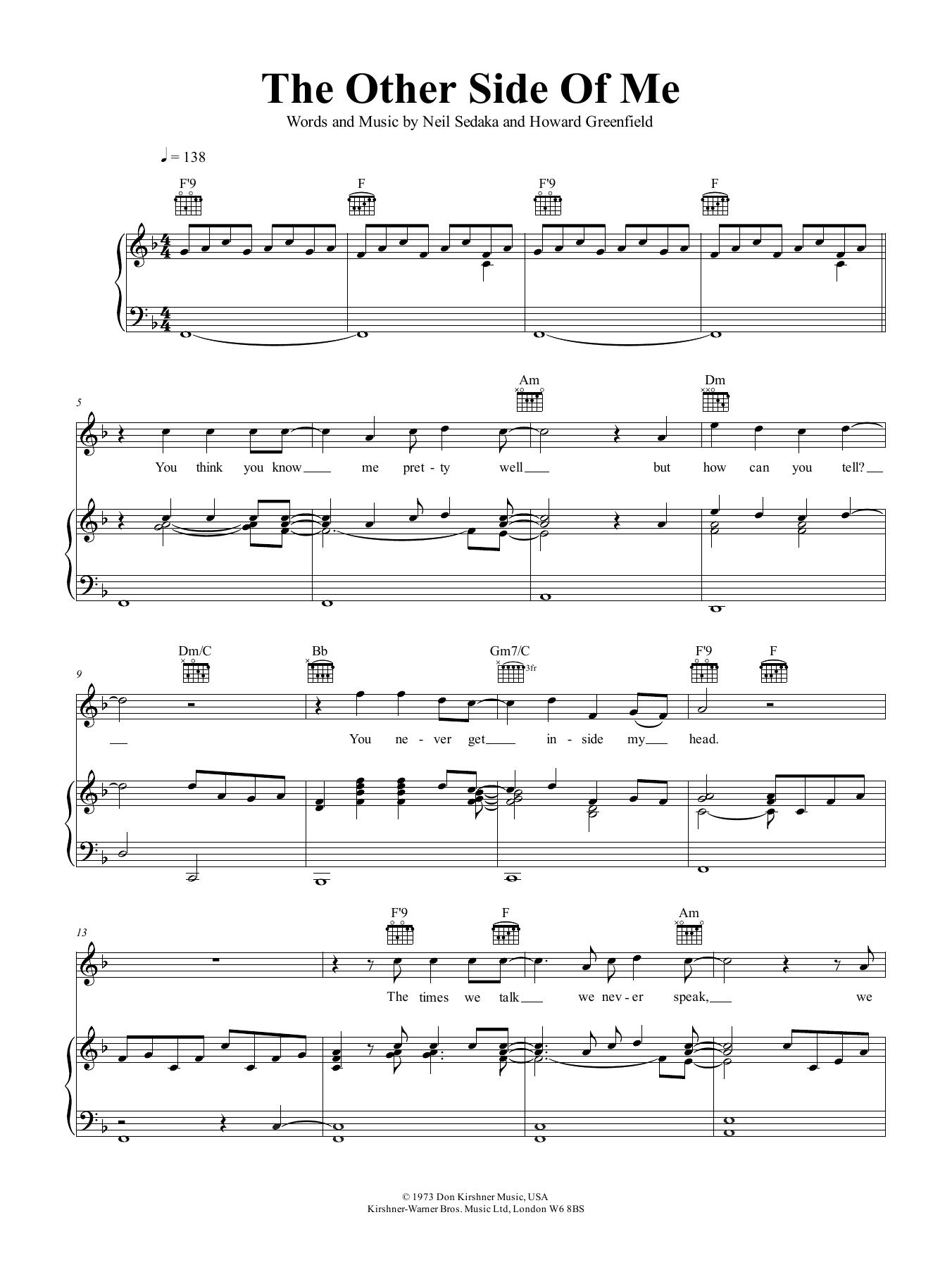 Download Neil Sedaka The Other Side Of Me Sheet Music and learn how to play Piano, Vocal & Guitar (Right-Hand Melody) PDF digital score in minutes