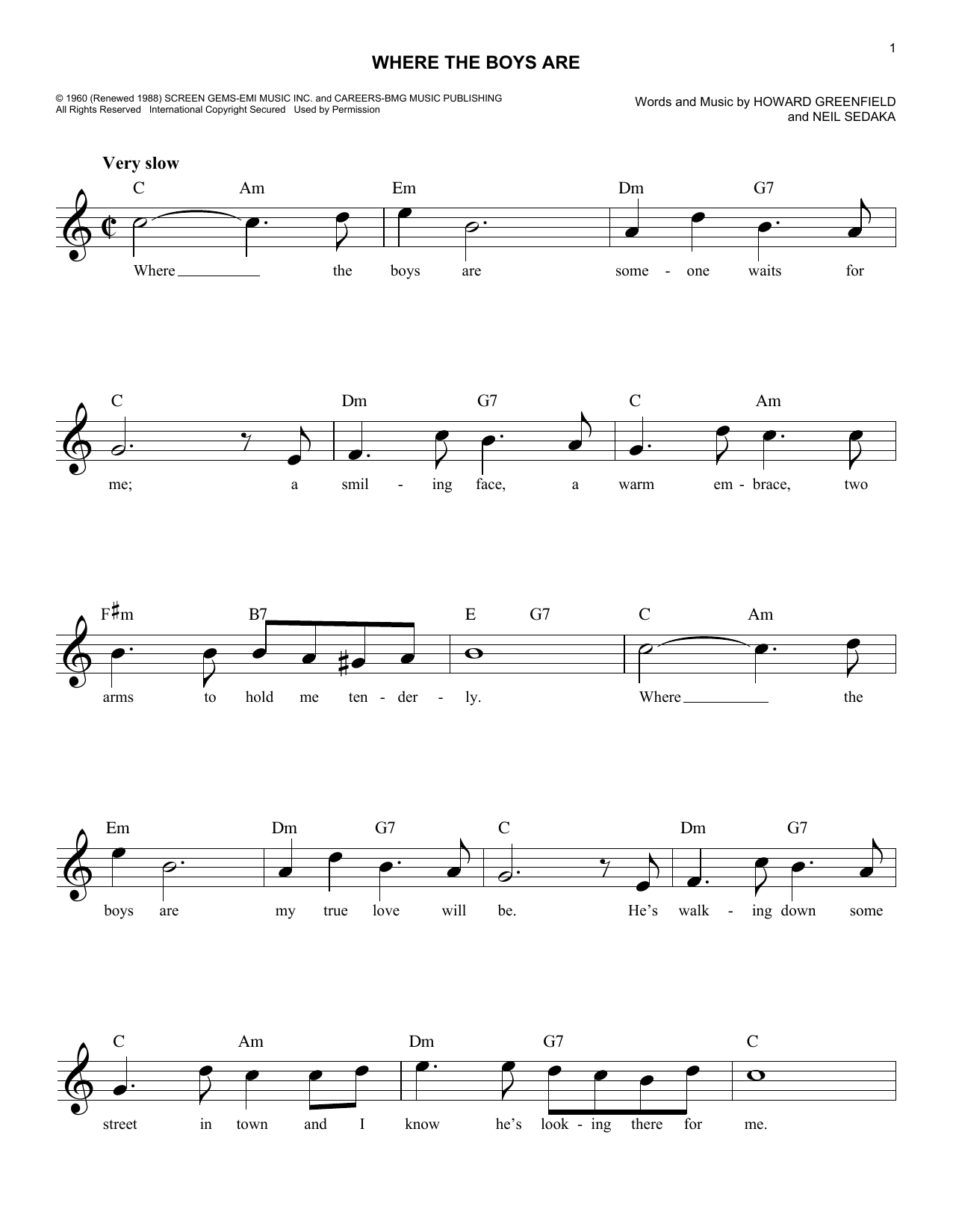 Download Neil Sedaka Where The Boys Are Sheet Music and learn how to play Melody Line, Lyrics & Chords PDF digital score in minutes