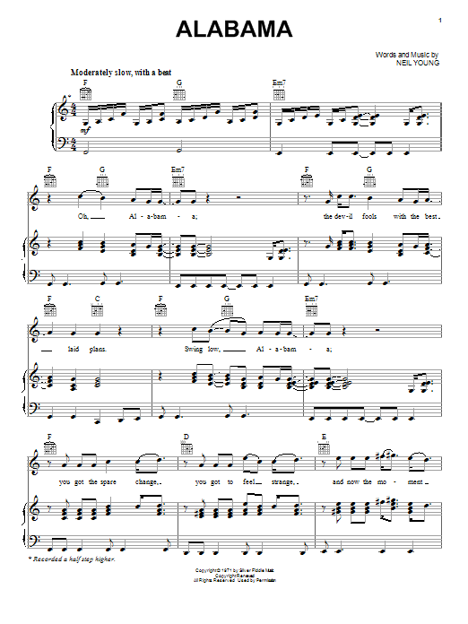 Download Neil Young Alabama Sheet Music and learn how to play Piano, Vocal & Guitar (Right-Hand Melody) PDF digital score in minutes