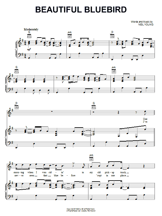 Download Neil Young Beautiful Bluebird Sheet Music and learn how to play Piano, Vocal & Guitar (Right-Hand Melody) PDF digital score in minutes
