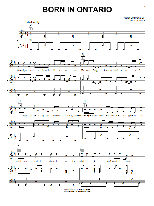 Download Neil Young Born In Ontario Sheet Music and learn how to play Piano, Vocal & Guitar (Right-Hand Melody) PDF digital score in minutes