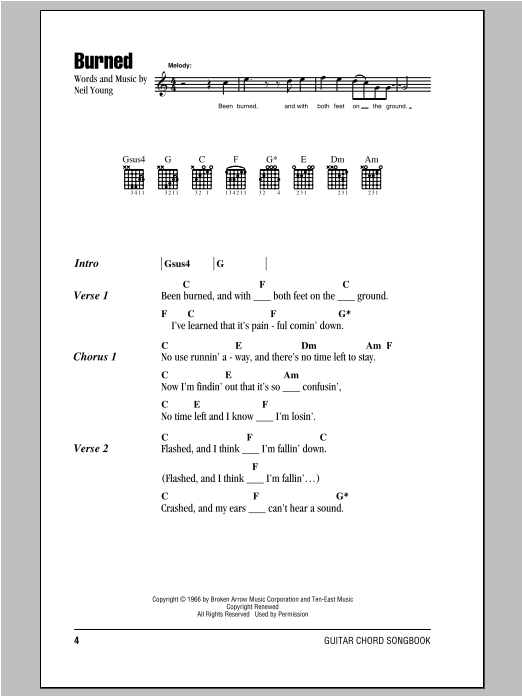 Download Neil Young Burned Sheet Music and learn how to play Lyrics & Chords PDF digital score in minutes