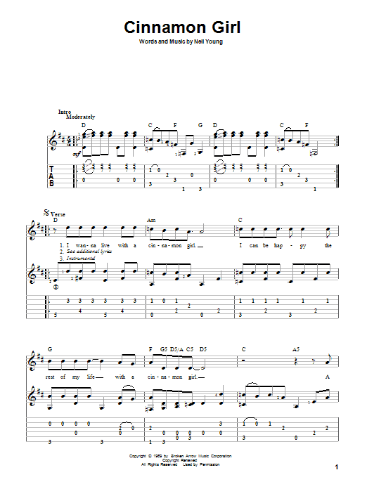 Download Neil Young Cinnamon Girl Sheet Music and learn how to play Guitar Tab PDF digital score in minutes