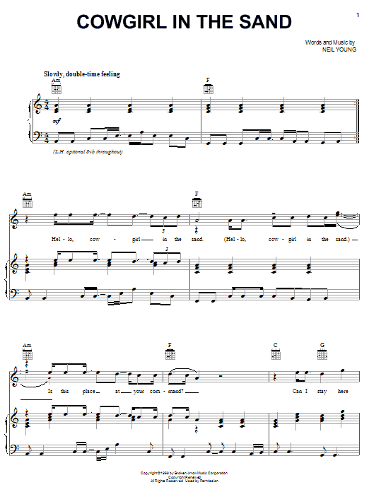Download Neil Young Cowgirl In The Sand Sheet Music and learn how to play Lyrics & Chords PDF digital score in minutes