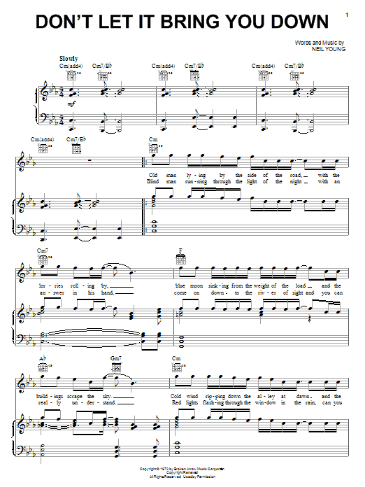 Download Neil Young Don't Let It Bring You Down Sheet Music and learn how to play Guitar Tab PDF digital score in minutes