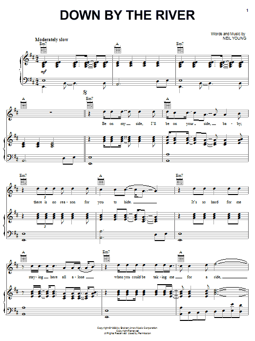 Download Neil Young Down By The River Sheet Music and learn how to play Lyrics & Chords PDF digital score in minutes