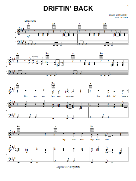 Download Neil Young Driftin' Back Sheet Music and learn how to play Piano, Vocal & Guitar (Right-Hand Melody) PDF digital score in minutes
