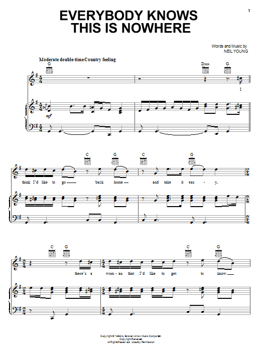 Download Neil Young Everybody Knows This Is Nowhere Sheet Music and learn how to play Piano, Vocal & Guitar (Right-Hand Melody) PDF digital score in minutes