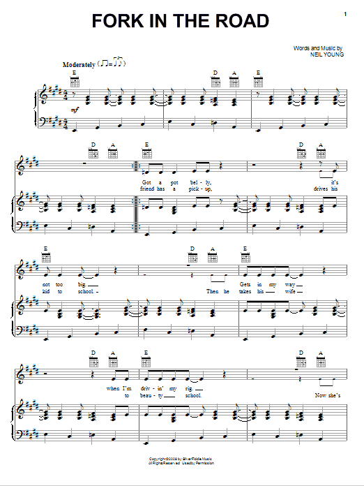 Download Neil Young Fork In The Road Sheet Music and learn how to play Piano, Vocal & Guitar (Right-Hand Melody) PDF digital score in minutes