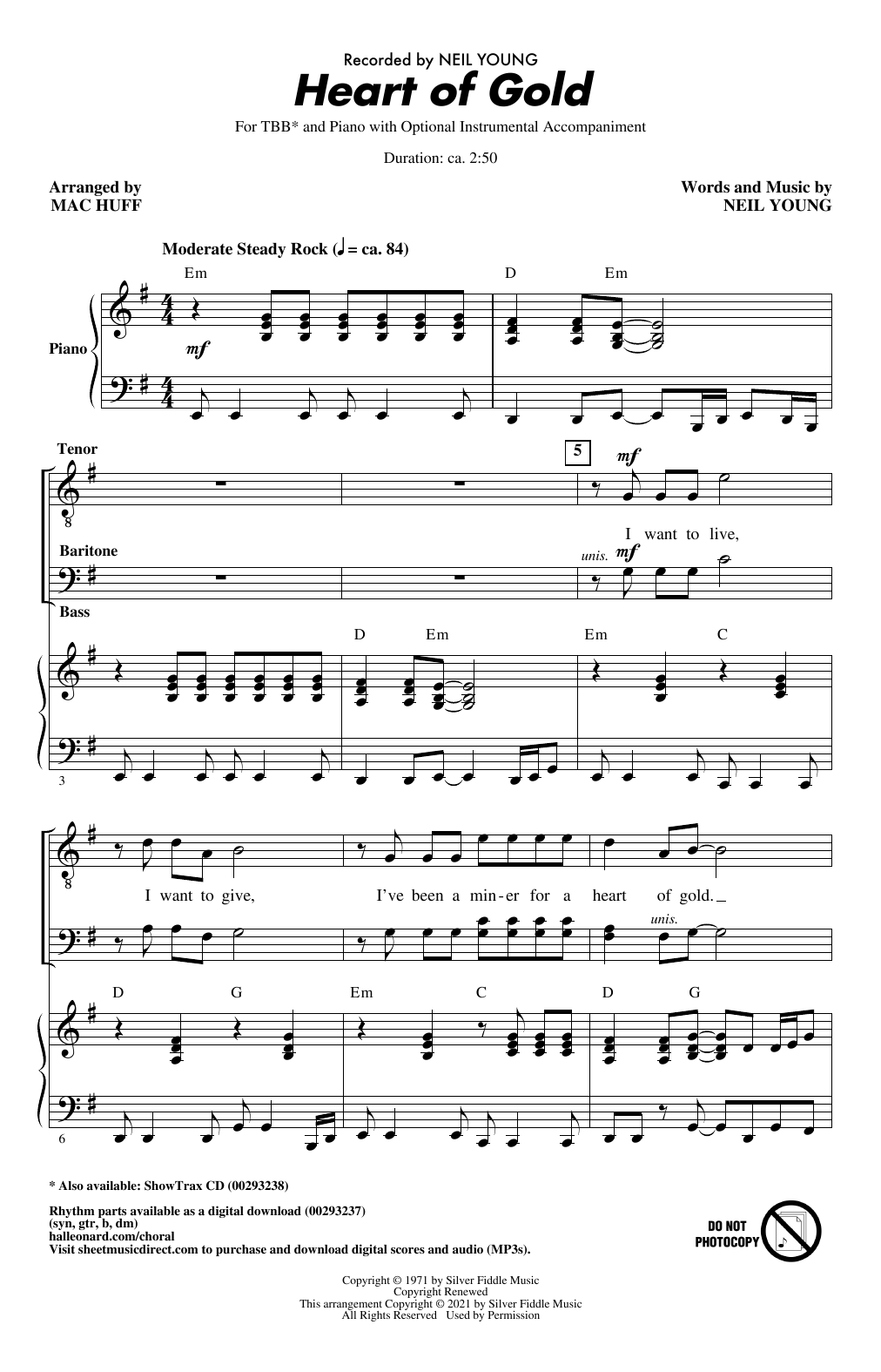 Download Neil Young Heart Of Gold (arr. Mac Huff) Sheet Music and learn how to play TBB Choir PDF digital score in minutes