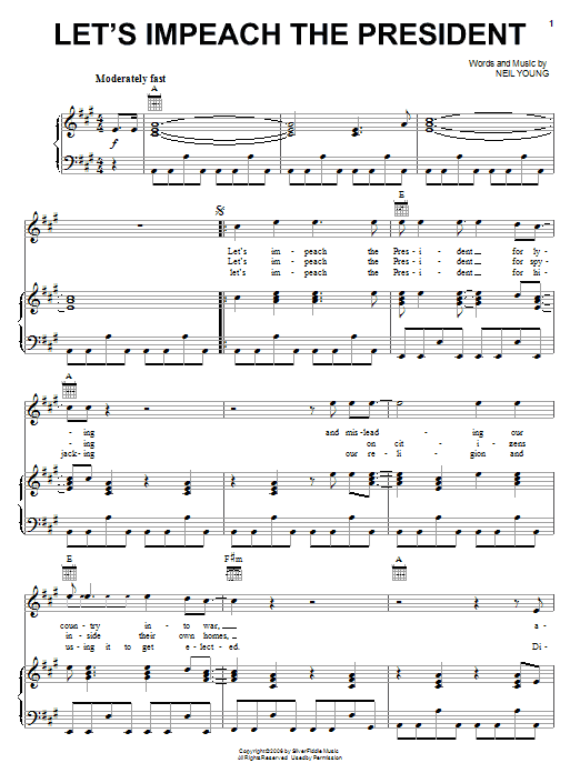 Download Neil Young Let's Impeach The President Sheet Music and learn how to play Piano, Vocal & Guitar (Right-Hand Melody) PDF digital score in minutes