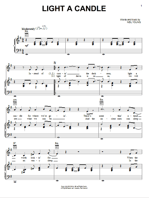 Download Neil Young Light A Candle Sheet Music and learn how to play Piano, Vocal & Guitar (Right-Hand Melody) PDF digital score in minutes