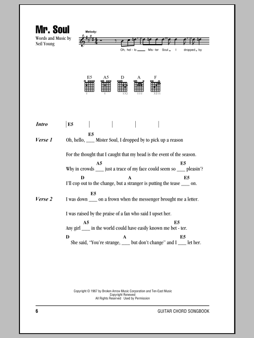 Download Neil Young Mr. Soul Sheet Music and learn how to play Lyrics & Chords PDF digital score in minutes
