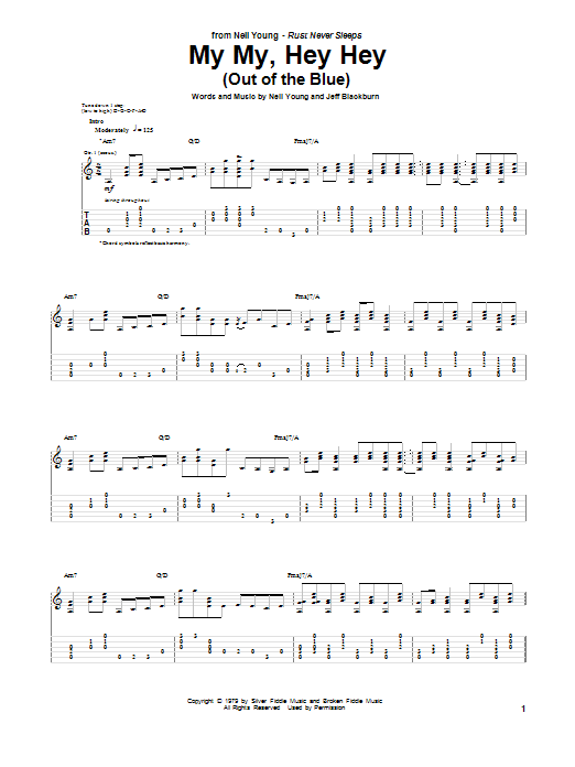 Download Neil Young My My, Hey Hey (Out Of The Blue) Sheet Music and learn how to play Guitar Tab PDF digital score in minutes