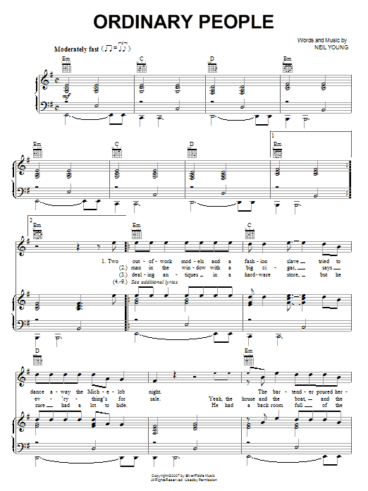 Download Neil Young Ordinary People Sheet Music and learn how to play Piano, Vocal & Guitar (Right-Hand Melody) PDF digital score in minutes