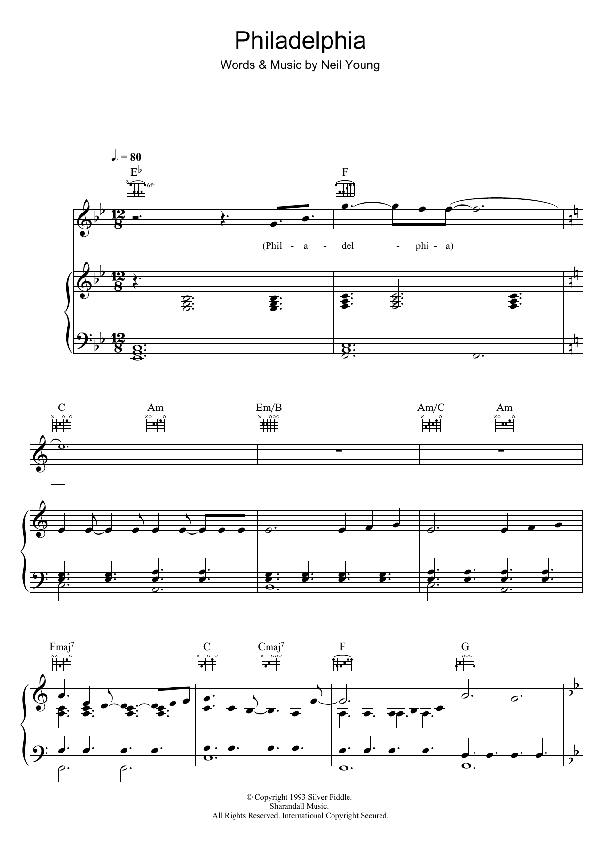 Download Neil Young Philadelphia Sheet Music and learn how to play Piano, Vocal & Guitar (Right-Hand Melody) PDF digital score in minutes