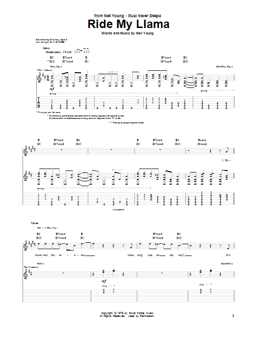 Download Neil Young Ride My Llama Sheet Music and learn how to play Guitar Tab PDF digital score in minutes