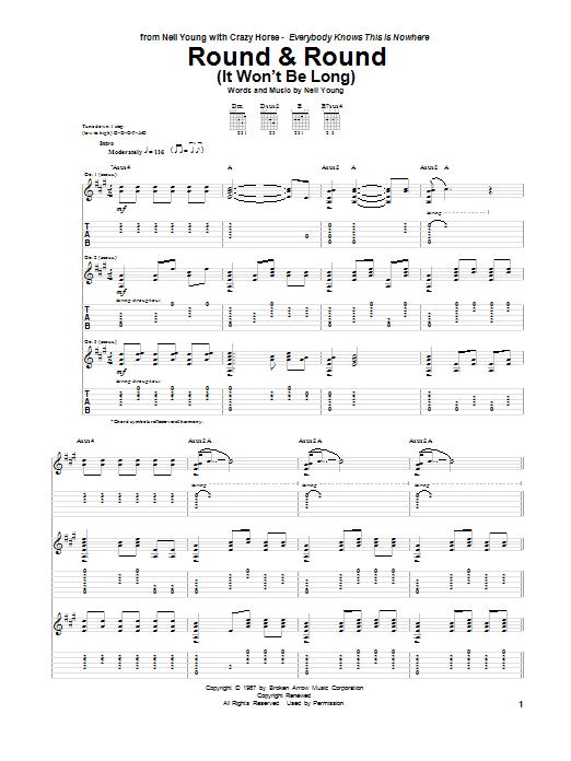 Download Neil Young Round & Round (It Won't Be Long) Sheet Music and learn how to play Guitar Tab PDF digital score in minutes