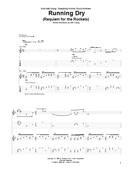 Download Neil Young Running Dry (Requiem For The Rockets) Sheet Music and learn how to play Guitar Tab PDF digital score in minutes