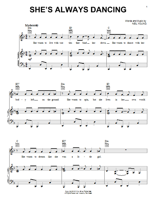 Download Neil Young She's Always Dancing Sheet Music and learn how to play Piano, Vocal & Guitar (Right-Hand Melody) PDF digital score in minutes