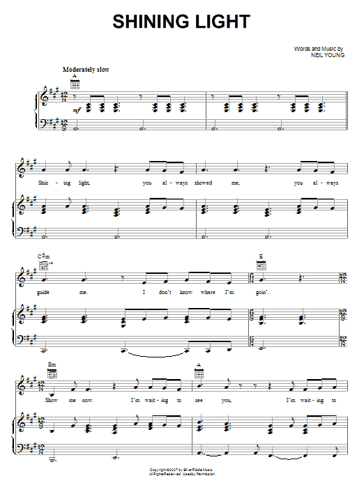 Download Neil Young Shining Light Sheet Music and learn how to play Piano, Vocal & Guitar (Right-Hand Melody) PDF digital score in minutes