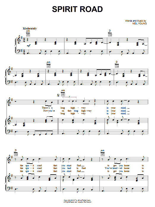 Download Neil Young Spirit Road Sheet Music and learn how to play Piano, Vocal & Guitar (Right-Hand Melody) PDF digital score in minutes