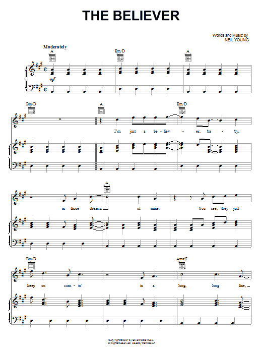 Download Neil Young The Believer Sheet Music and learn how to play Piano, Vocal & Guitar (Right-Hand Melody) PDF digital score in minutes