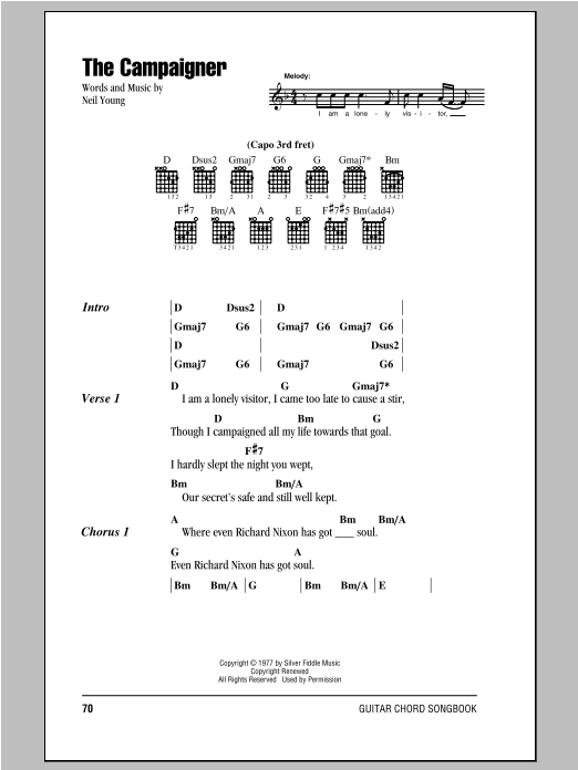 Download Neil Young The Campaigner Sheet Music and learn how to play Lyrics & Chords PDF digital score in minutes
