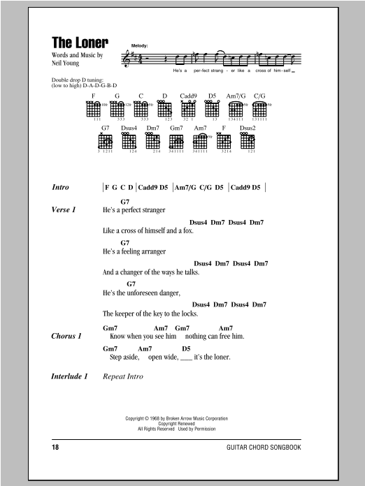 Download Neil Young The Loner Sheet Music and learn how to play Lyrics & Chords PDF digital score in minutes