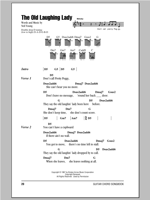Download Neil Young The Old Laughing Lady Sheet Music and learn how to play Lyrics & Chords PDF digital score in minutes