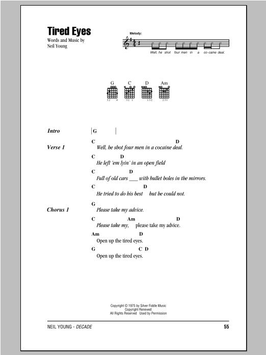 Download Neil Young Tired Eyes Sheet Music and learn how to play Lyrics & Chords PDF digital score in minutes