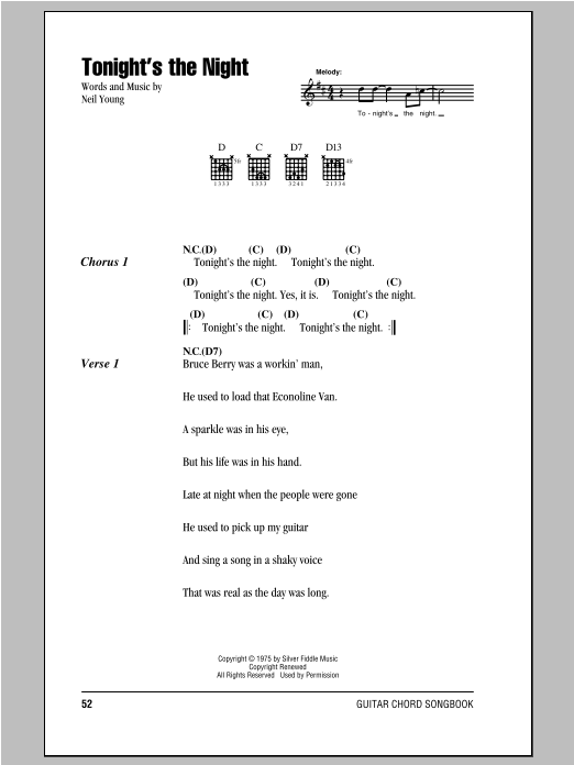 Download Neil Young Tonight's The Night Sheet Music and learn how to play Lyrics & Chords PDF digital score in minutes