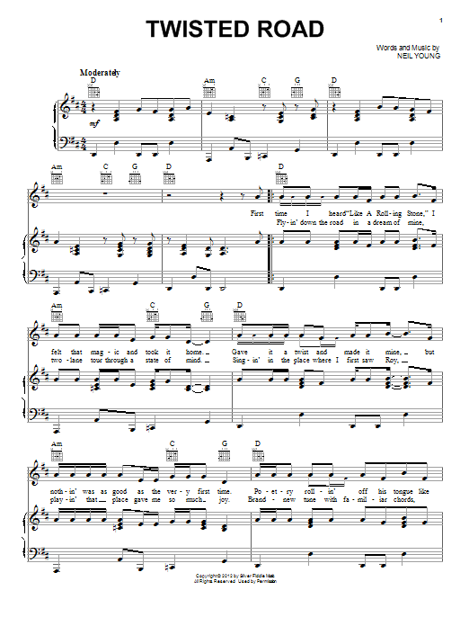 Download Neil Young Twisted Road Sheet Music and learn how to play Piano, Vocal & Guitar (Right-Hand Melody) PDF digital score in minutes