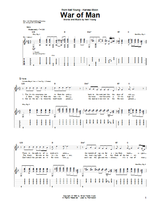 Download Neil Young War Of Man Sheet Music and learn how to play Guitar Tab PDF digital score in minutes