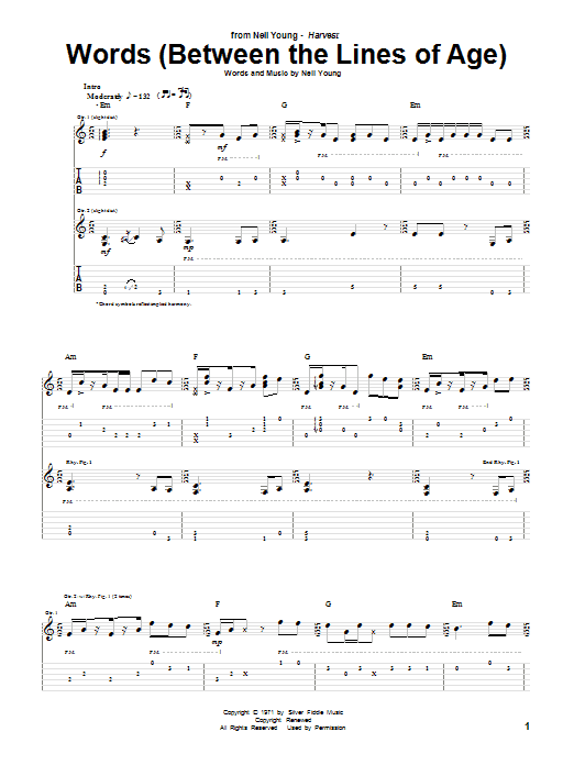 Download Neil Young Words (Between The Lines Of Age) Sheet Music and learn how to play Piano, Vocal & Guitar (Right-Hand Melody) PDF digital score in minutes