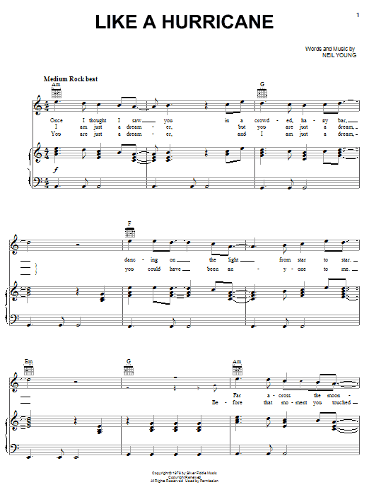 Neil Young Like A Hurricane Sheet Music Notes Download Printable 