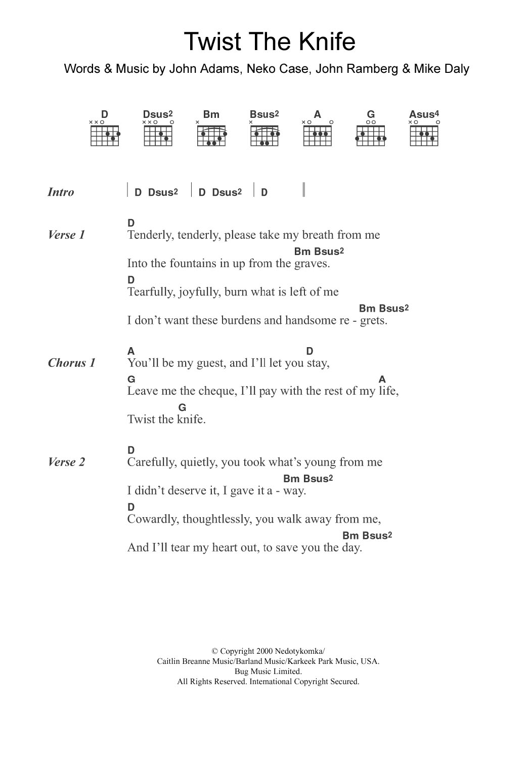 Download Neko Case & Her Boyfriends Twist The Knife Sheet Music and learn how to play Guitar Chords/Lyrics PDF digital score in minutes