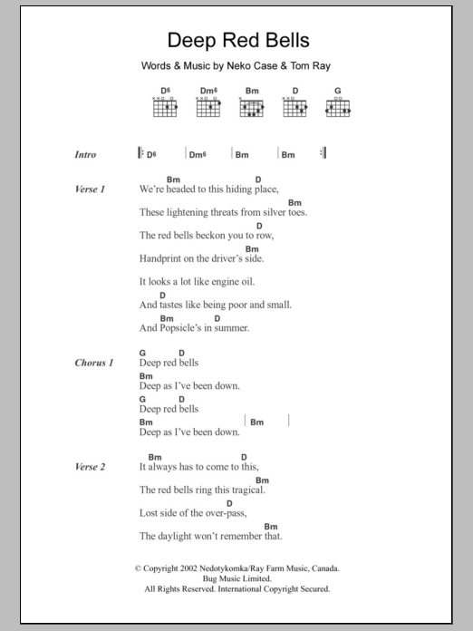 Download Neko Case Deep Red Bells Sheet Music and learn how to play Lyrics & Chords PDF digital score in minutes