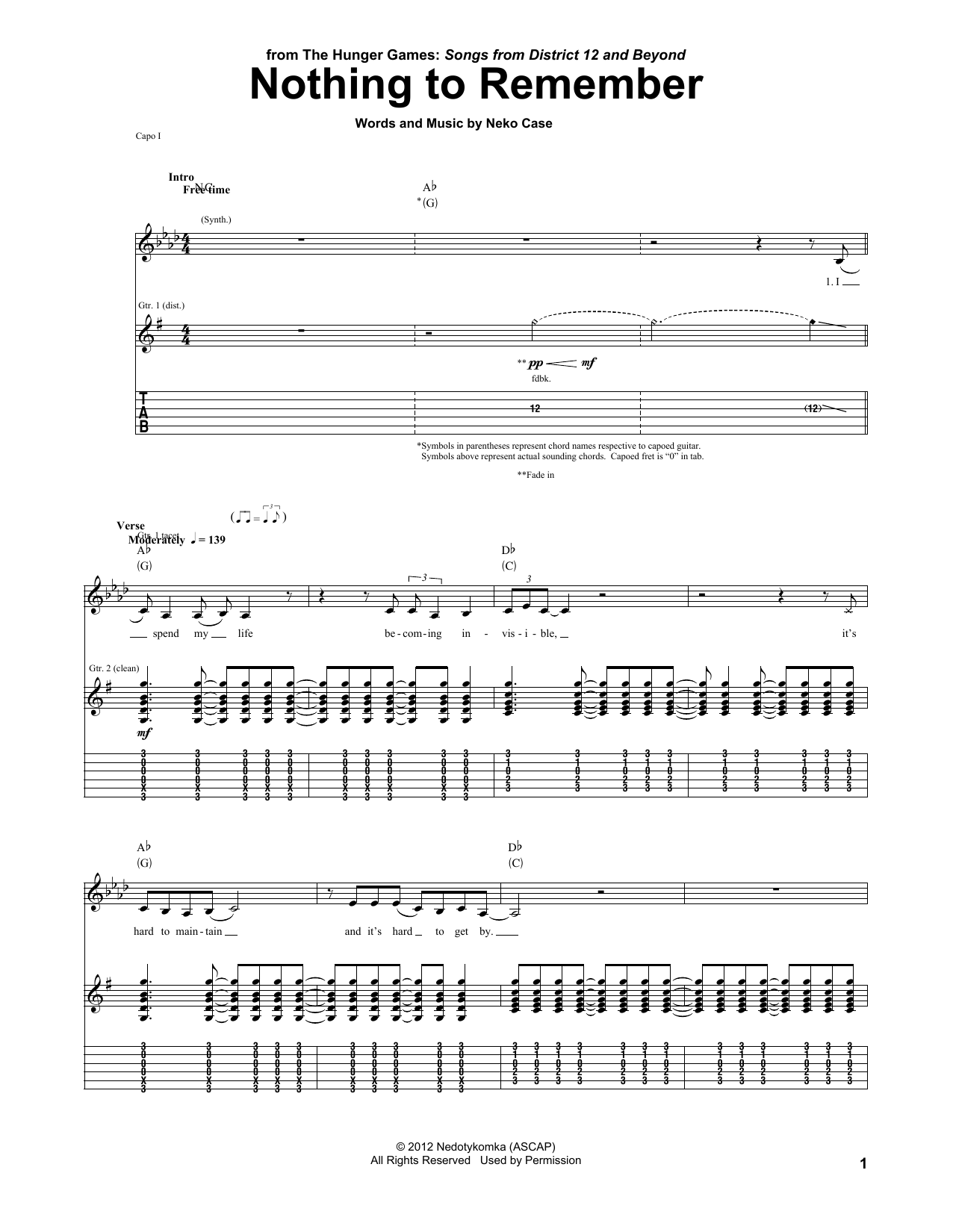 Download Neko Case Nothing To Remember (from The Hunger Games) Sheet Music and learn how to play Guitar Tab PDF digital score in minutes