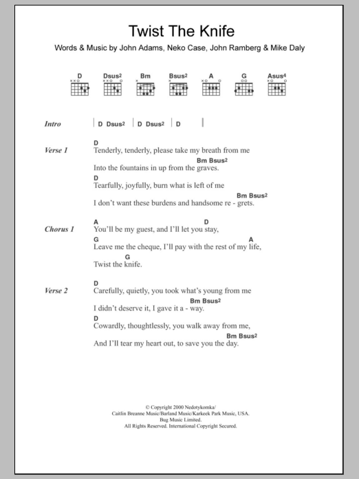 Download Neko Case & Her Boyfriends Twist The Knife Sheet Music and learn how to play Lyrics & Chords PDF digital score in minutes